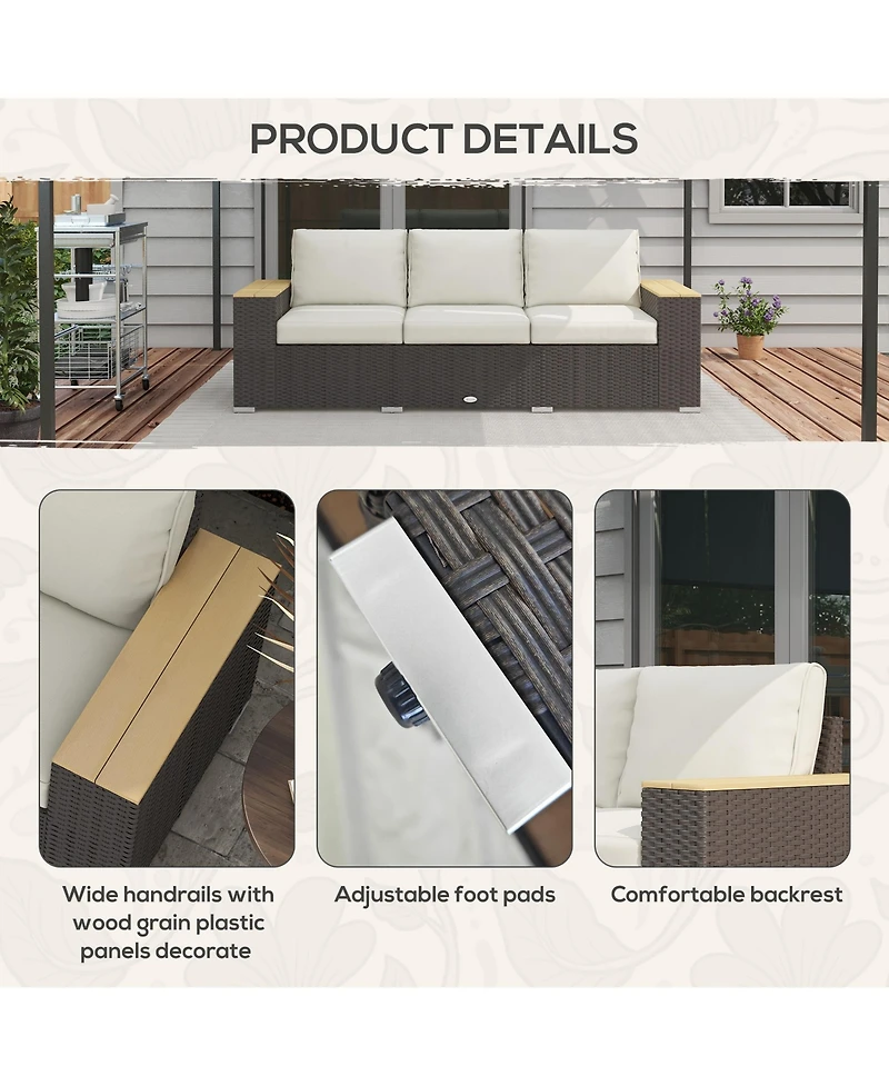 Outsunny 3-Seater Outdoor Sofa w/ Thick Cushions, Patio Couch,