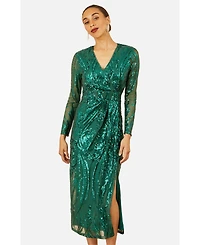 Yumi Women's Sequin Midi Long Sleeve Wrap Dress