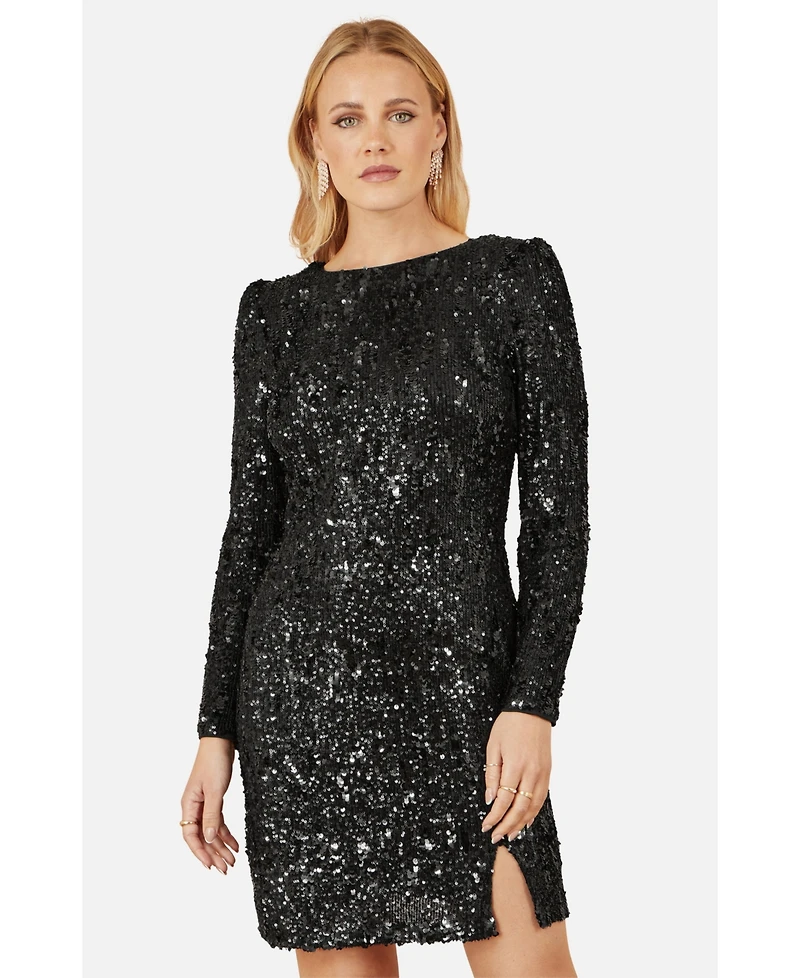 Yumi Women's Sequin Long Sleeve Fitted Dress