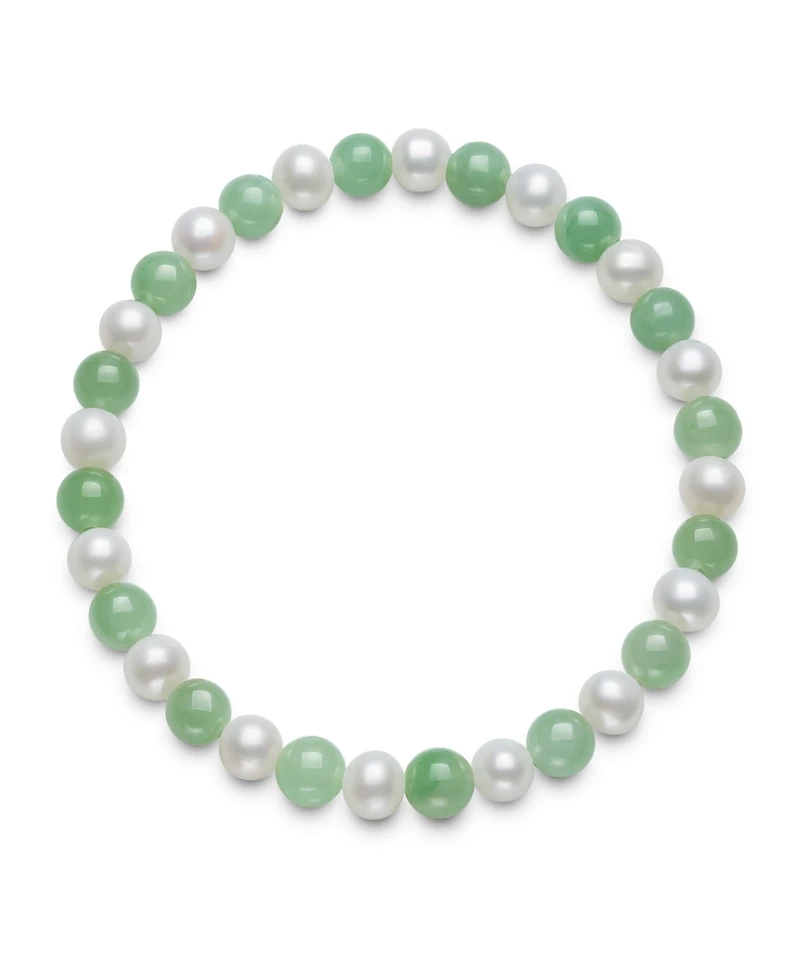 Macy's Cultured Freshwater Pearl (6-7mm) and 6mm Jade Stretch Bracelet and Stud Set in Sterling Silver