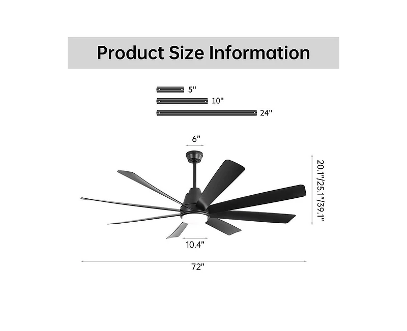 Sofucor 72-inch Classic Matte Black 8-Blade Ceiling Fan With Remote Control and Light kit