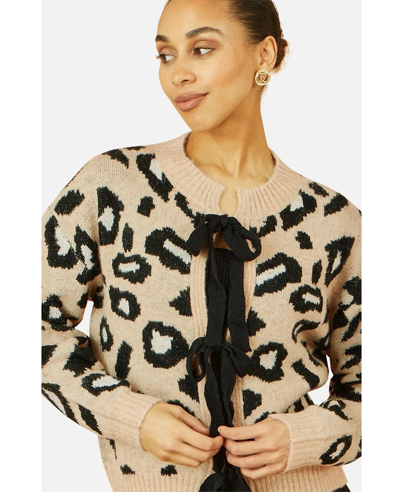 Yumi Women's Animal Print Intarsia Tie Front Cardigan