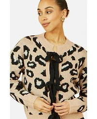 Yumi Women's Animal Print Intarsia Tie Front Cardigan