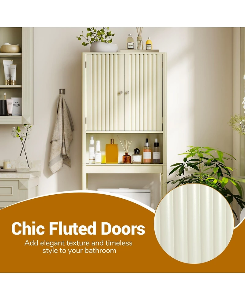 Gymax 66'' Over the Toilet Storage Cabinet w/Fluted Doors Adjustable Shelf & Bottom Bar
