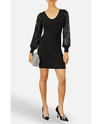 Yumi Women's Knitted Fitted Dress With Sequin Sleeves