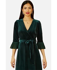 Yumi Women's Velvet Midi Pleat Detail Wrap Dress