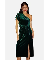 Yumi Women's Velvet Frill One Shoulder Midi Dress