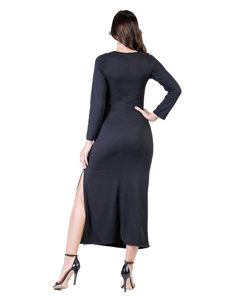 24seven Comfort Apparel Petite Long Sleeve Side Slit Fitted Maxi Dress