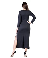 24seven Comfort Apparel Petite Long Sleeve Side Slit Fitted Maxi Dress