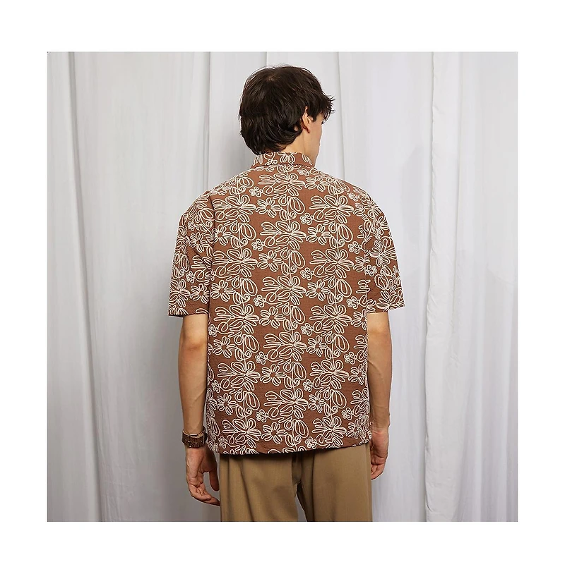Campus Sutra Men's Mocha Brown Floral-Lined Oversized Shirt