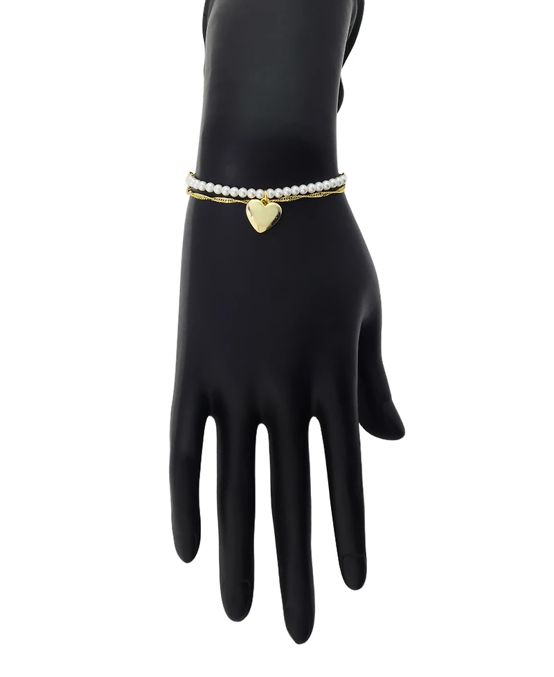 Gold heart glass pearls beads twist chain double strand bolo bracelet