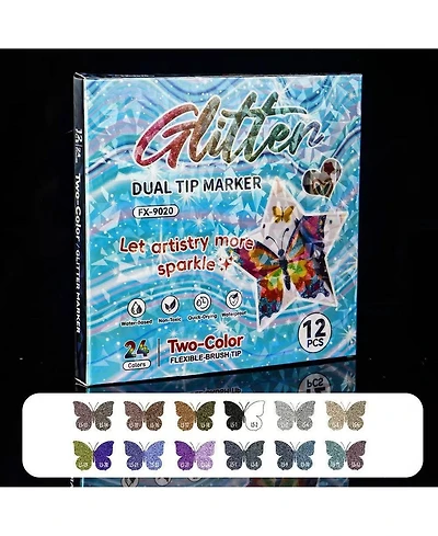 Htutwoo 12 Glitter Colors Double-Ended Brush Marker Pens for Doodle, Writing, Diy Crafts, Greeting & Birthday Card Making