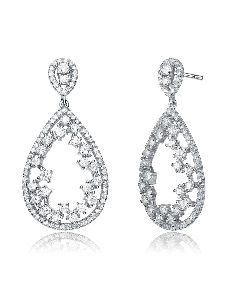 Sterling Silver Teardrop Shaped Clear Cz Accent Drop Earrings