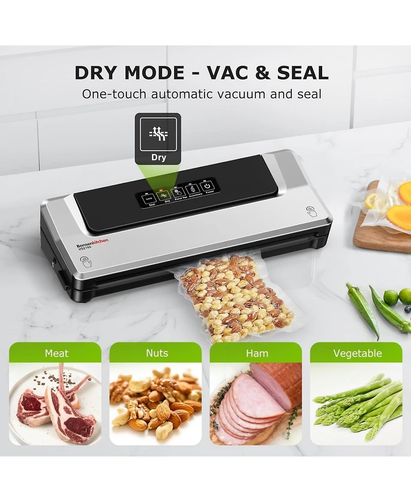 Bonsaii Bonsenkitchen Compact Vacuum Sealer, Fast Multi-Functional Food Saver with 20 Bags, 2 Rolls & Hose, High-Speed Continuous Use, Silver