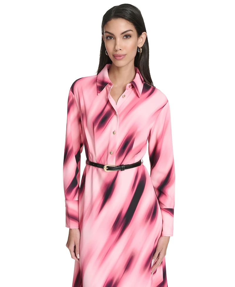 Halston Women's Printed Collared Long-Sleeve Dress
