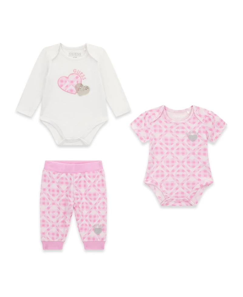 Guess Baby Girls Short-Sleeve Bodysuit, Long-Sleeve Bodysuit and Sweatpants, 3-Piece Set