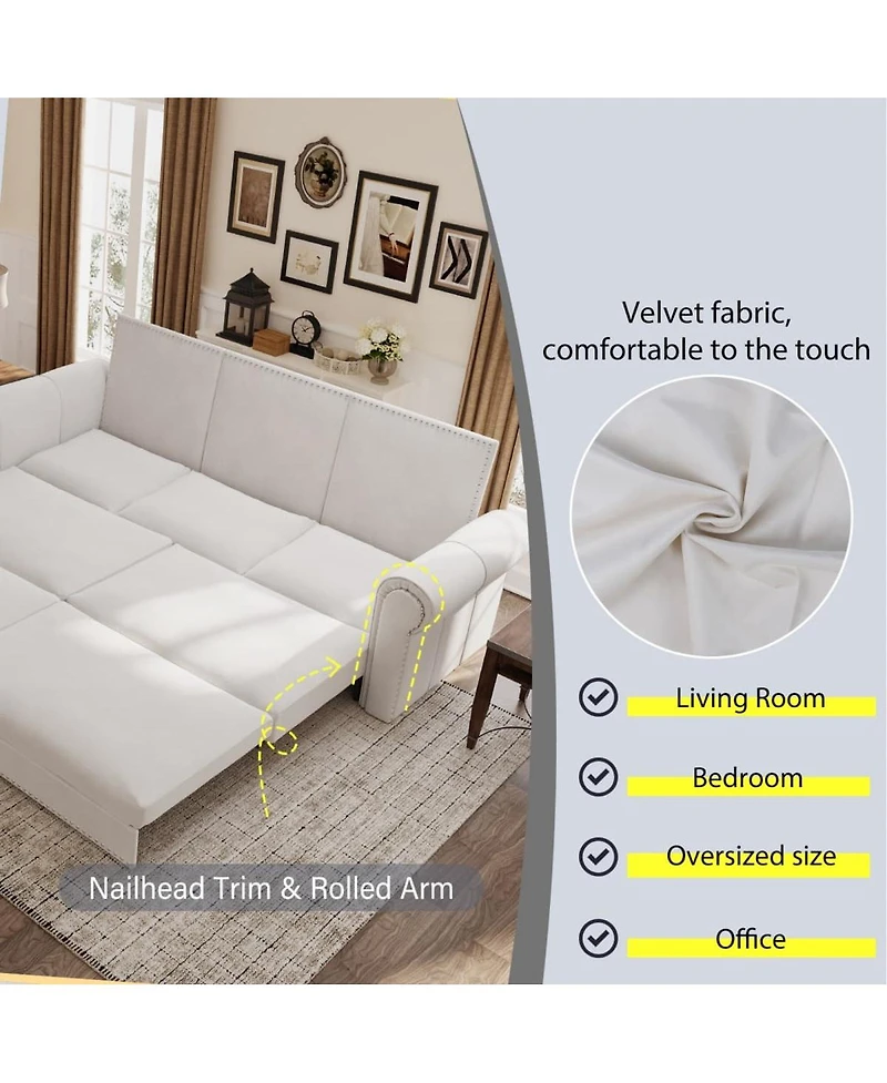 Maison Boucle 93.7" Velvet King Pull Out Sofa Bed, 3-in-1 Convertible Sleeper Couch with Chaise & Nailhead Trim for Living Room or Guest