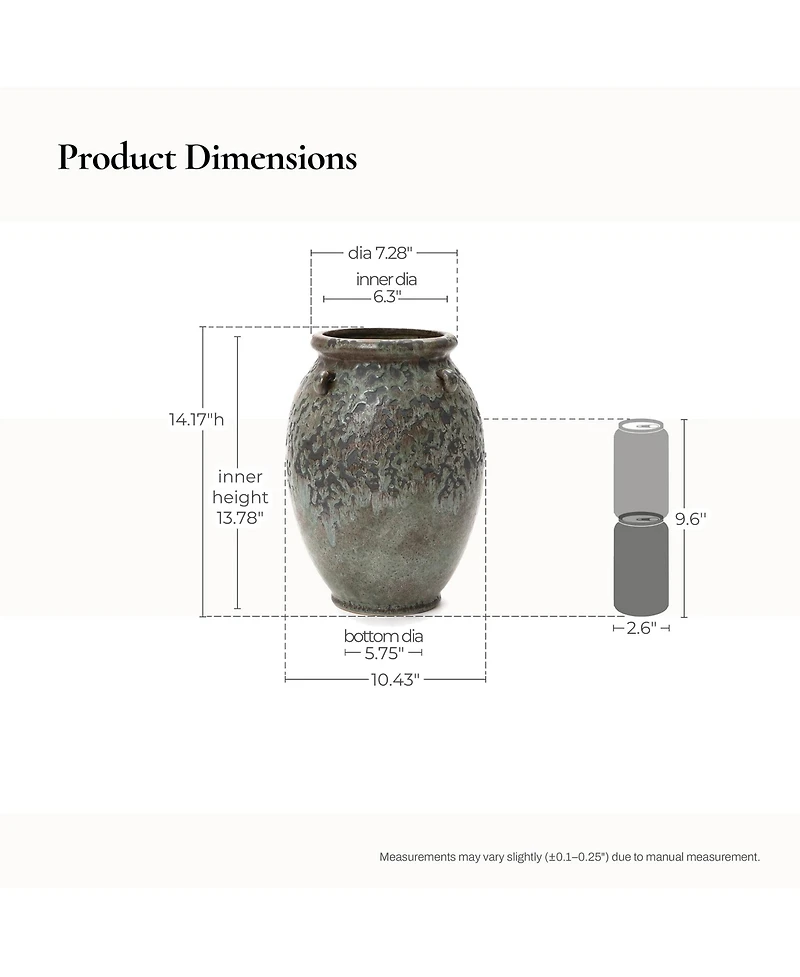 LuxenHome Antiqued Terracotta Jar Vase, Rustic 14.17-Inch Green & Brown Flower Holder