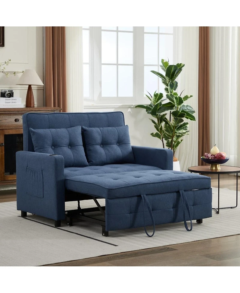 Linen Sleeper Sofa Bed, 2-Seater Pull Out Sofa with Cup Holder, Usb Charging, Multi-Position Back for Apartment or Guest Room-Maison Boucle