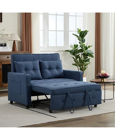Linen Sleeper Sofa Bed, 2-Seater Pull Out Sofa with Cup Holder, Usb Charging, Multi-Position Back for Apartment or Guest Room-Maison Boucle