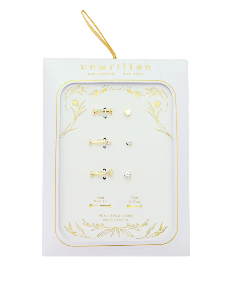 Unwritten Trio Cubic Zirconia, Mother of Pearl and Heart Flat Back Earrings Set