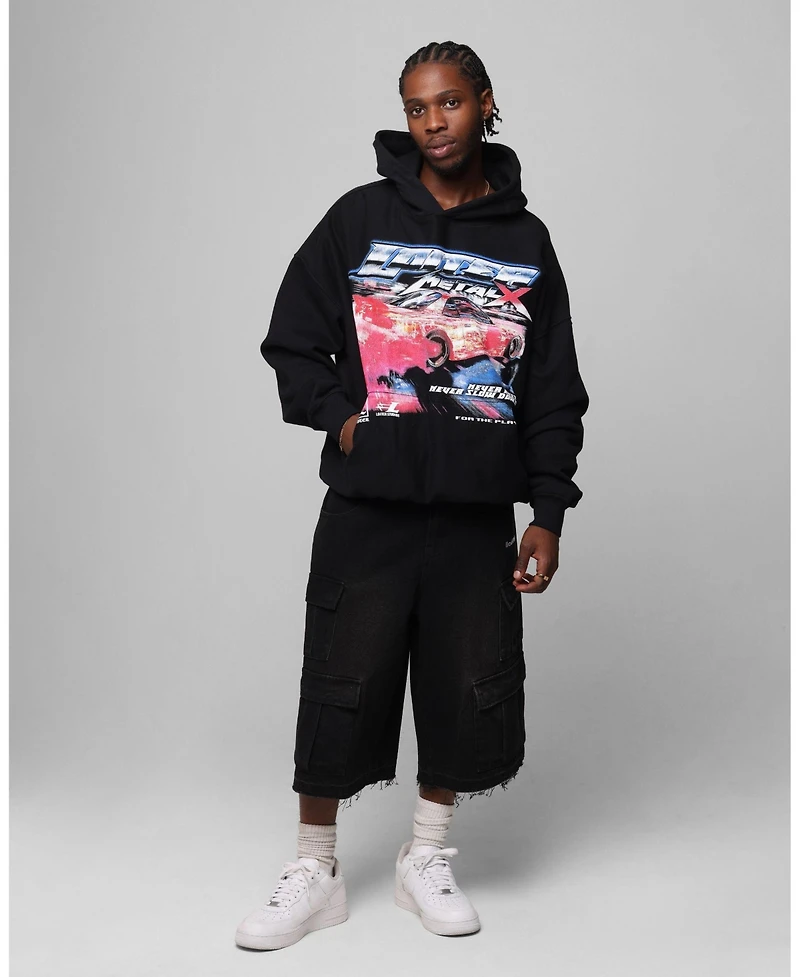 mnml Men's Loiter 3 Quarter Denim Cargo Pants with Embroidered Star Graphics