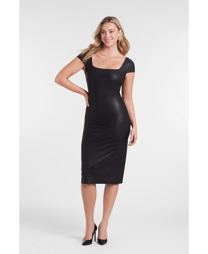 S3 Apparel Women's Sculpting Shapewear Square Neck Cap Sleeve Faux Leather Midi Dress