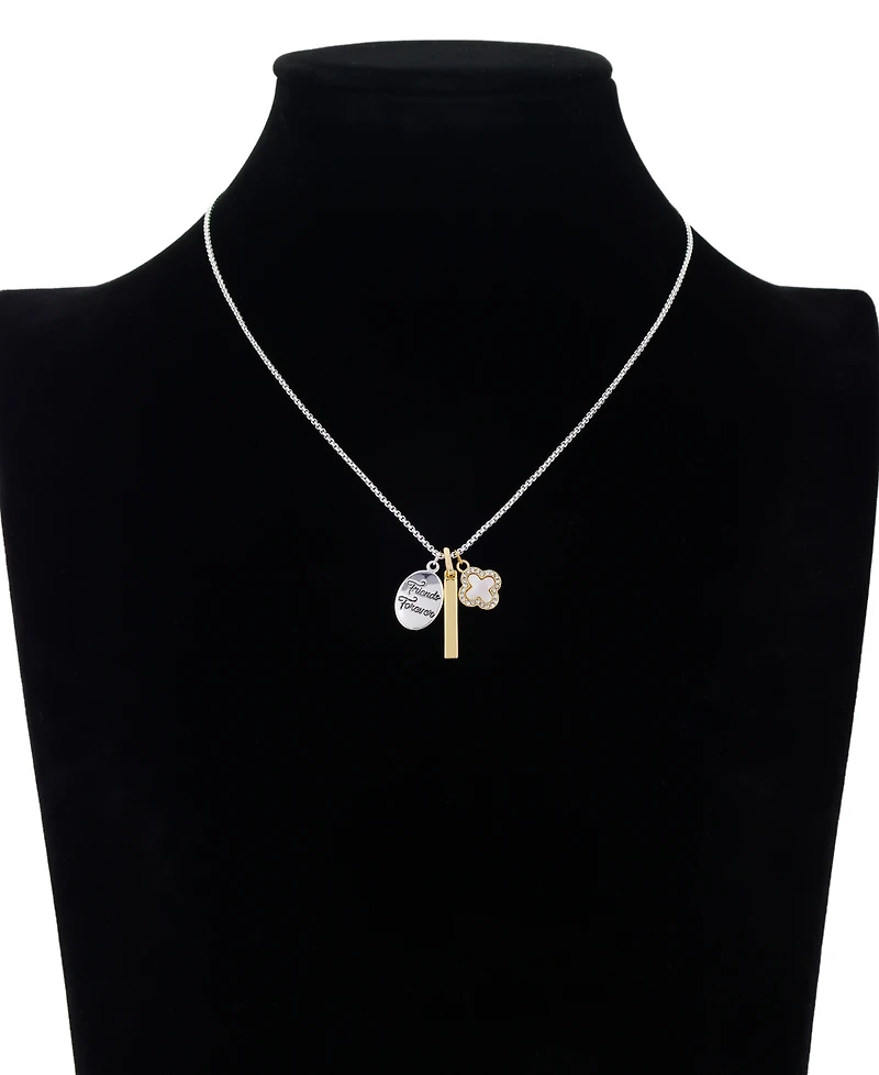 Unwritten Two Tone "Friends Forever" Plain Bar Mother Of Pearl Inlay W/Crystal Clover Necklace with Extender