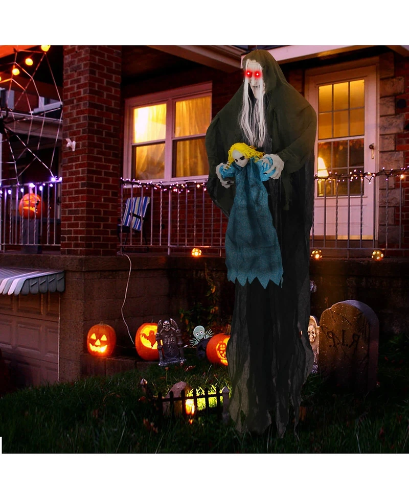 Costway Halloween Decoration 6 11” Sound-Activated Witch Holding Ghost Girl Spooky Sound