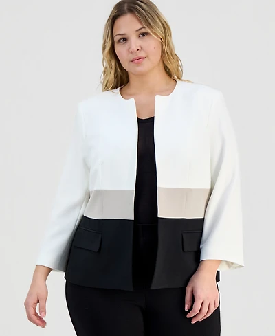 Kasper Plus Collarless Colorblocked Open-Front Jacket