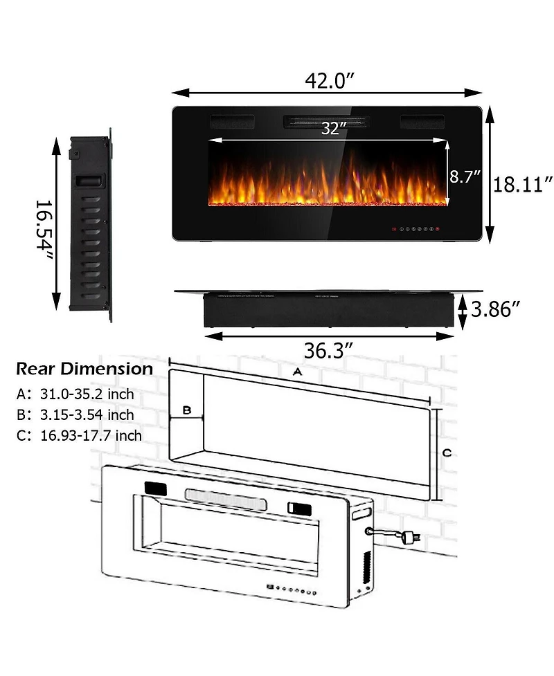 Sugift 42 Inch Recessed Ultra Thin Electric Fireplace with Timer