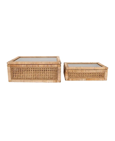 Storied Home Woven Rattan and Wood Display Boxes with Glass Lids, Natural and Clear, Set of 2