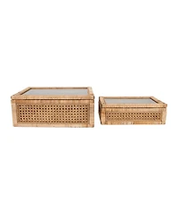 Storied Home Woven Rattan and Wood Display Boxes with Glass Lids, Natural and Clear, Set of 2