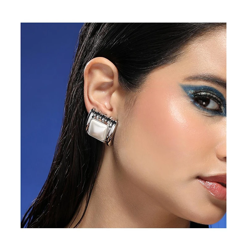 Women's The Ribbed-Diane Stud Earrings - Chrome Silver