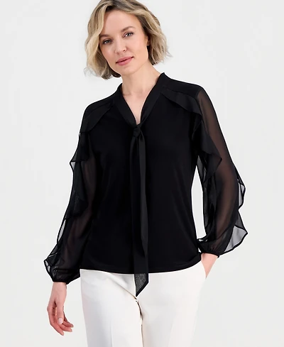 Anne Klein Women's Tie-Neck Ruffle-Long-Sleeve Top