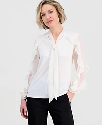 Anne Klein Women's Tie-Neck Ruffle-Long-Sleeve Top