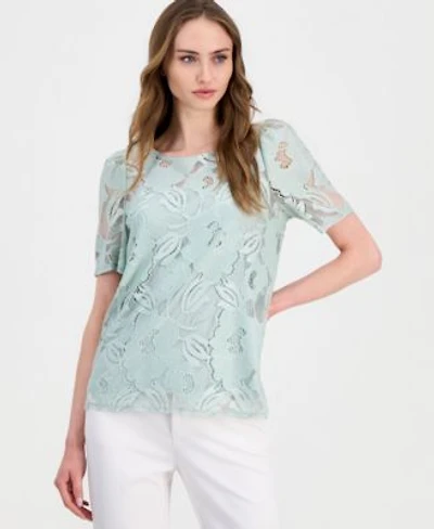 Anne Klein Womens Short Sleeve Floral Lace Top