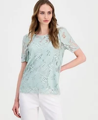 Anne Klein Womens Short Sleeve Floral Lace Top
