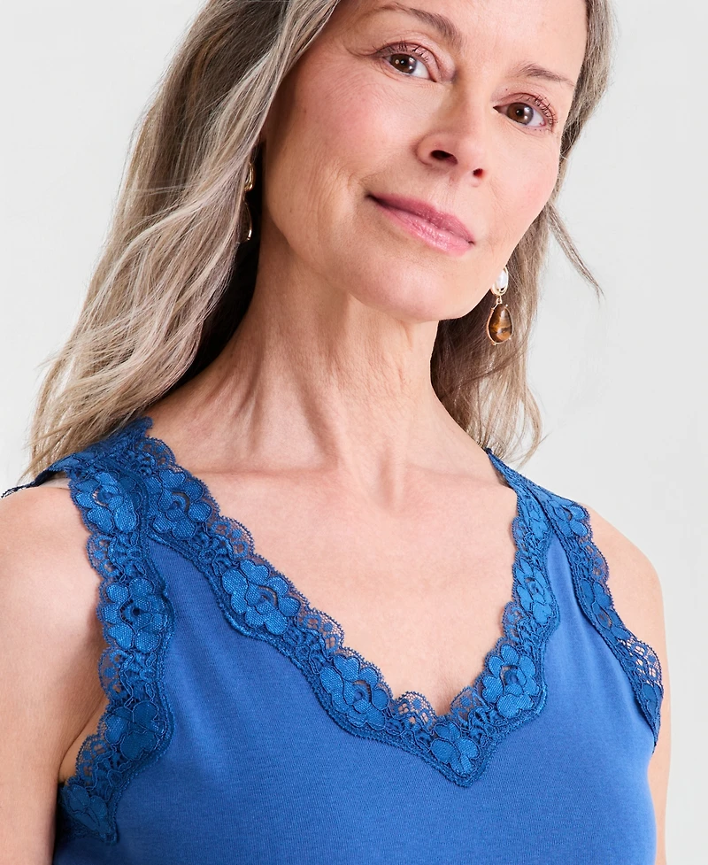 Style & Co Women's Lace-Trim Cotton Tank Top, Exclusively at Macy's