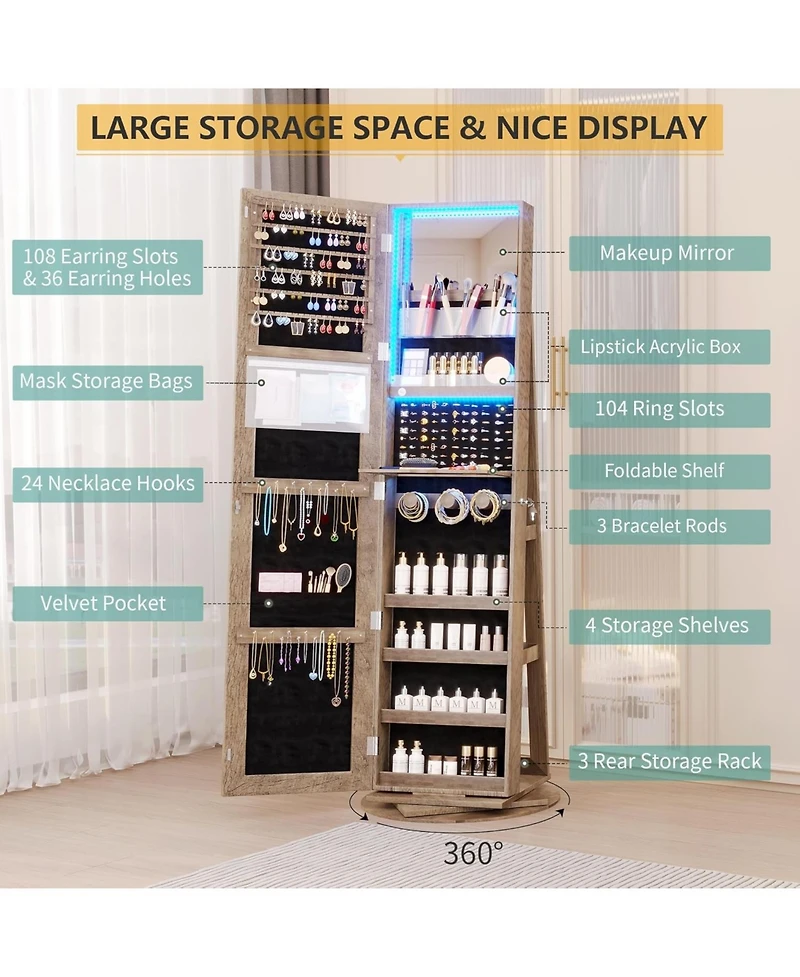 Vlsrka 360° Swivel Jewelry Full-Length Mirror Cabinet with Lights