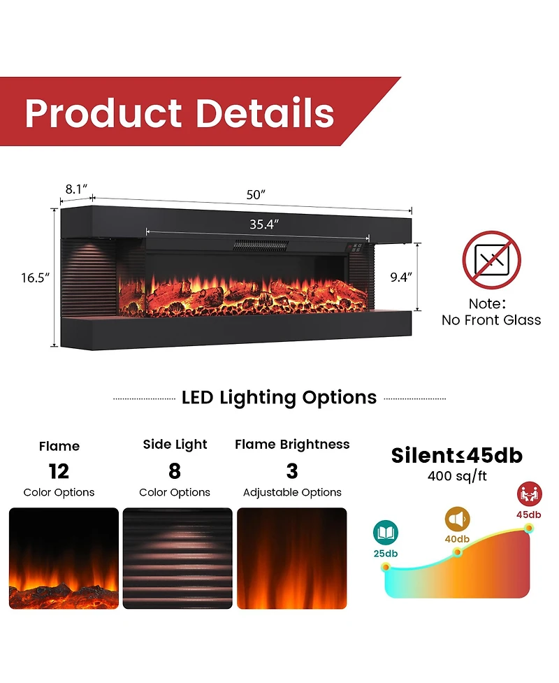 Clihome Inches Wall-Mounted Electric Fireplace With Led Lighted Mantel And Remote