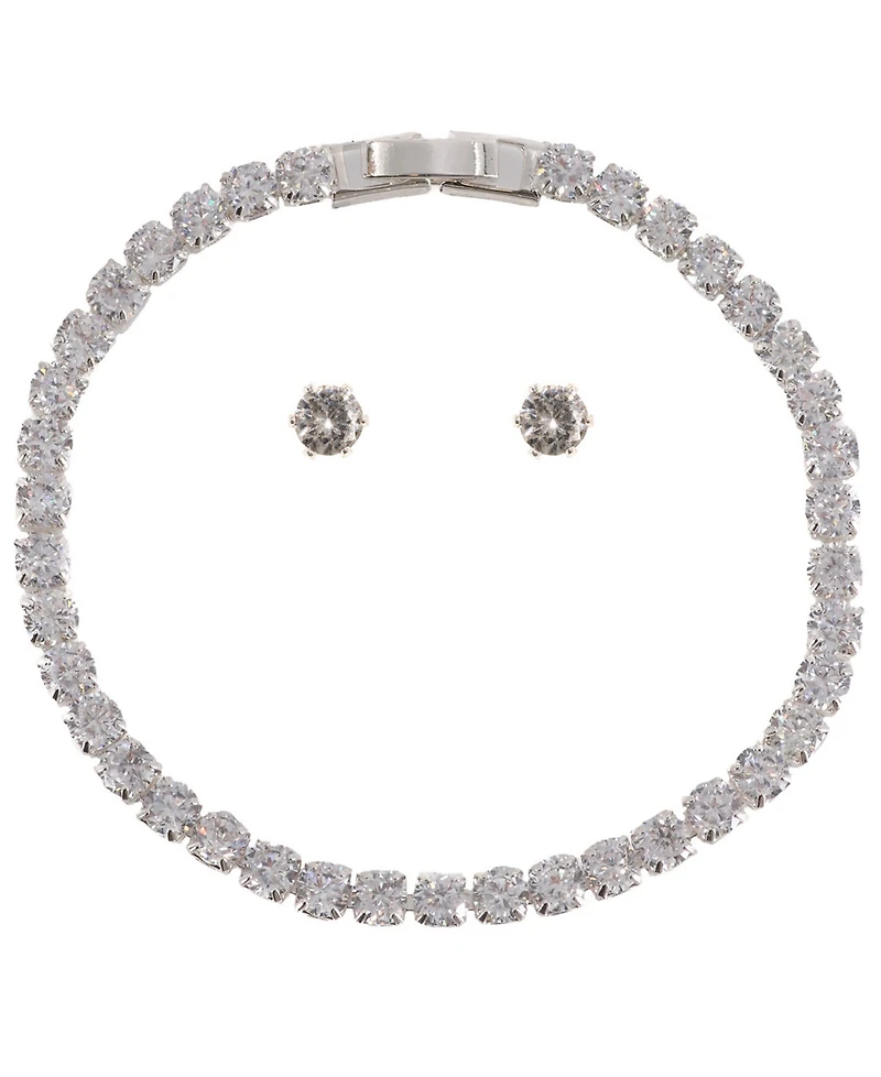 Giani Bernini Silver-Tone Cubic Zirconia Tennis Bracelet and Matching Earrings Set
