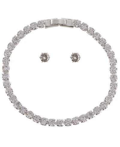 Giani Bernini Silver-Tone Cubic Zirconia Tennis Bracelet and Matching Earrings Set