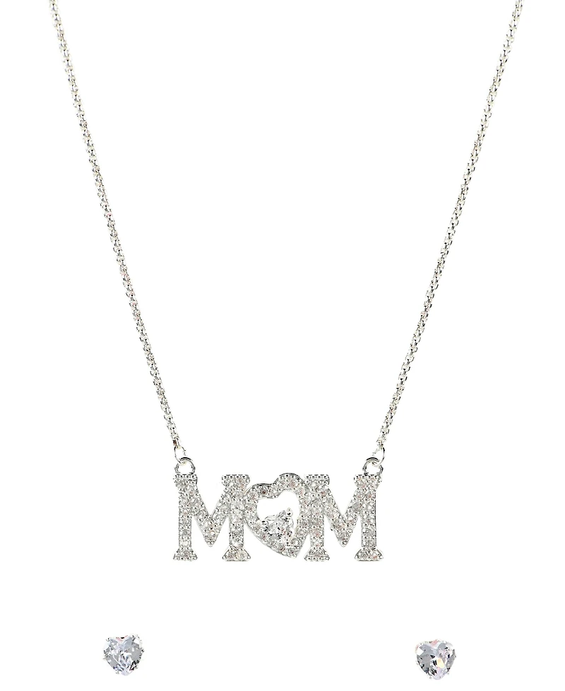 Giani Bernini Silver-Tone "Mom" Cubic Zirconia Pendant Necklace and Stud Earrings Set