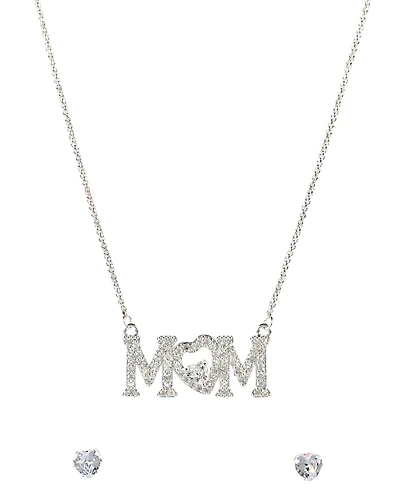 Giani Bernini Silver-Tone "Mom" Cubic Zirconia Pendant Necklace and Stud Earrings Set