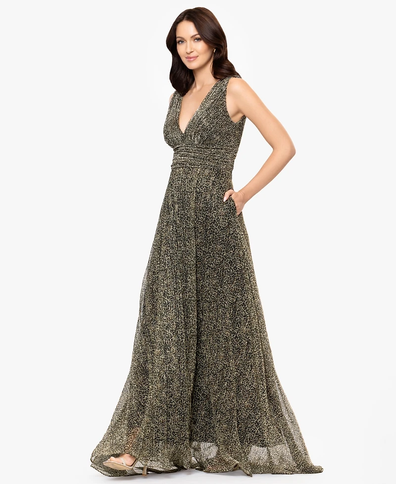 Betsy & Adam Women's V-Neck Pleated Animal Print Gown