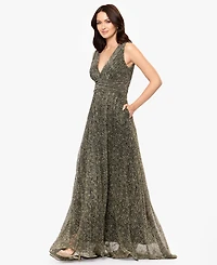 Betsy & Adam Women's V-Neck Pleated Animal Print Gown