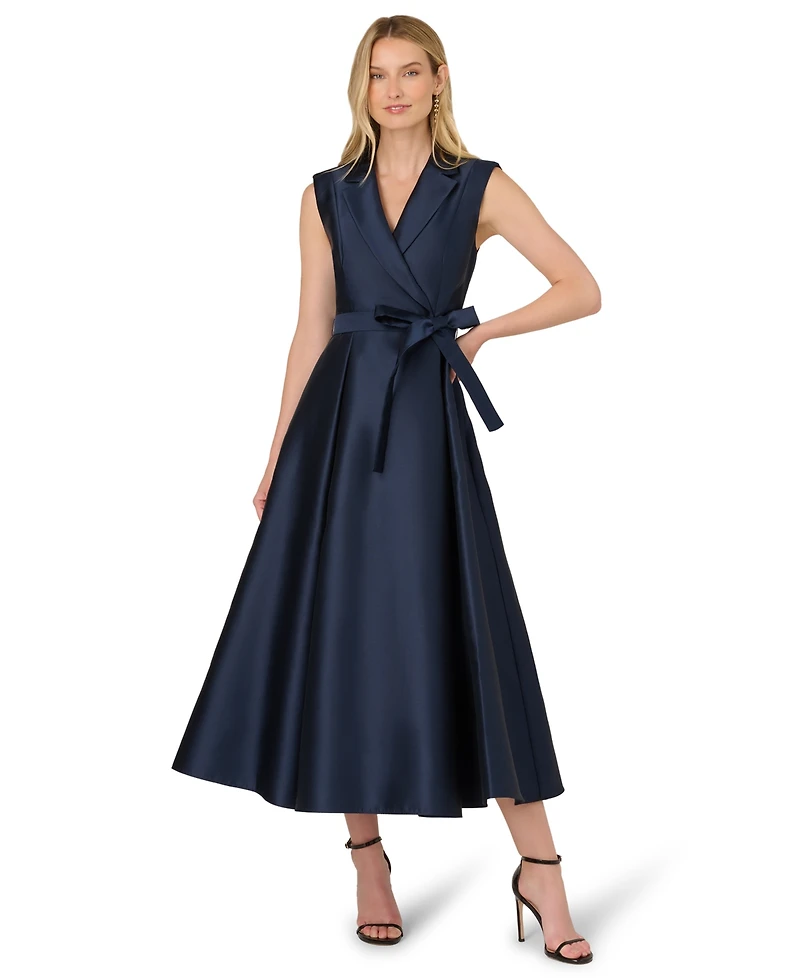 Adrianna Papell Petite Lapel Mikado Sleeveless Dress