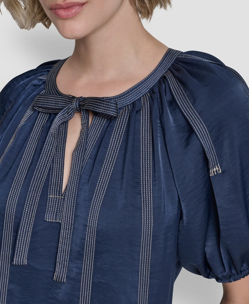 Dkny Women's Puff-Sleeve Top Stitch Tie Front Blouse