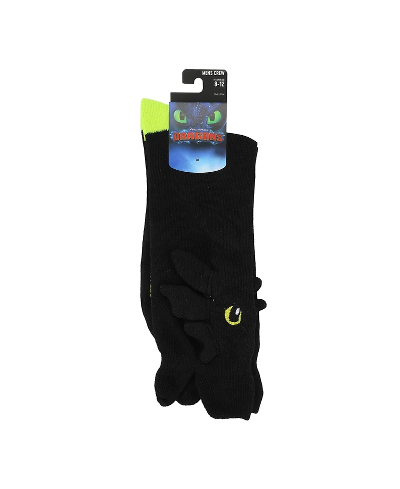 How to Train Your Dragon Men's Toothless Plush Character Heads Adult Black Casual Crew Socks -Osfa